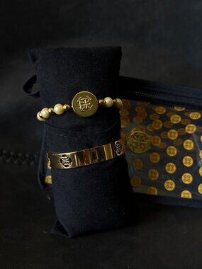 Rustic Cuff Gold and Pearl Beaded Bracelet and Bangle with Zipper Bag